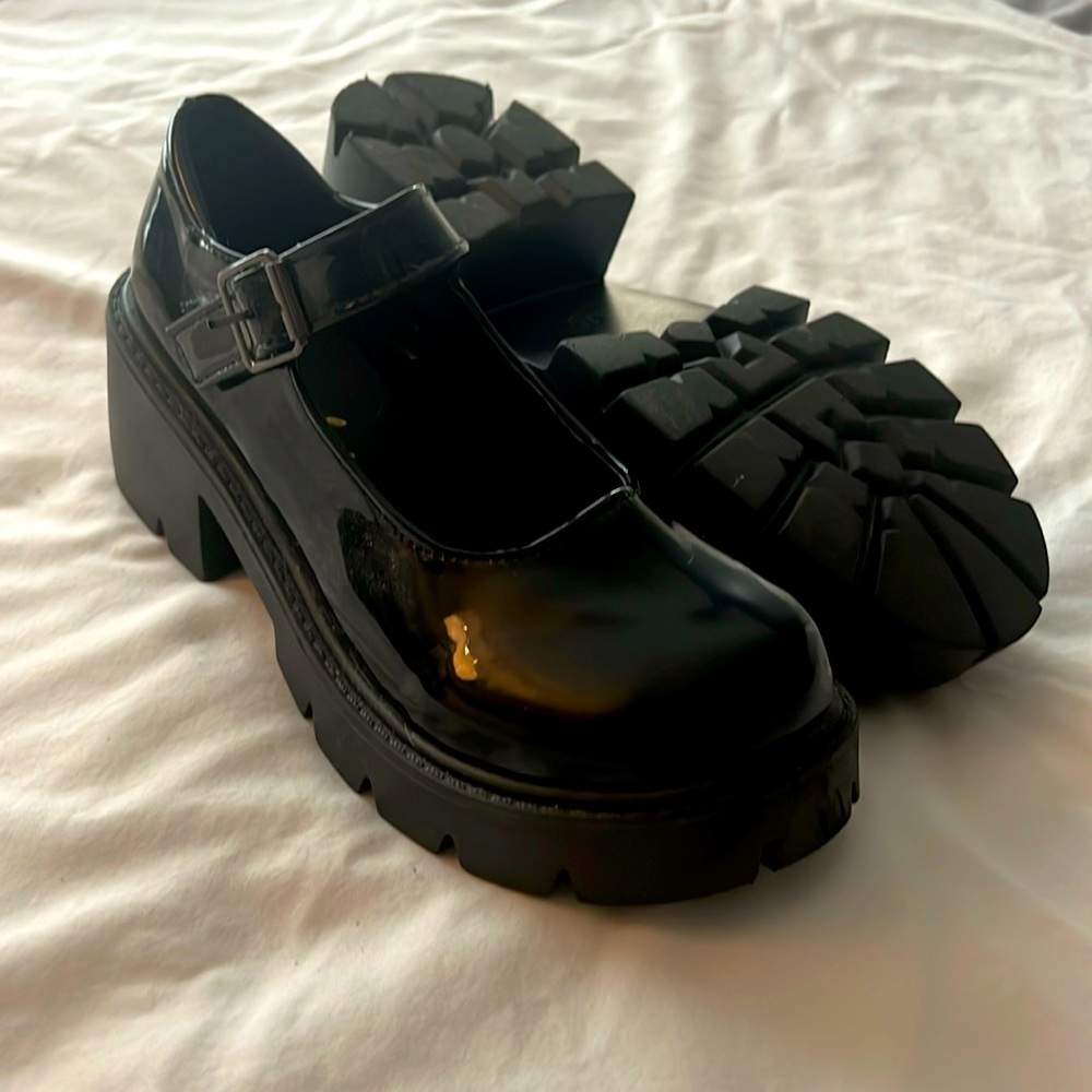 Black patent platform mary janes